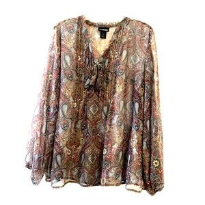 Lane Bryant Plus Size V Neck Bow Blouse Sz 18/20 Sheer Paisley Chiffon Long Slv